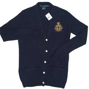 NEW Polo Ralph Lauren Cardigan Sweater! Navy Embroidered Crest & Crown Longer